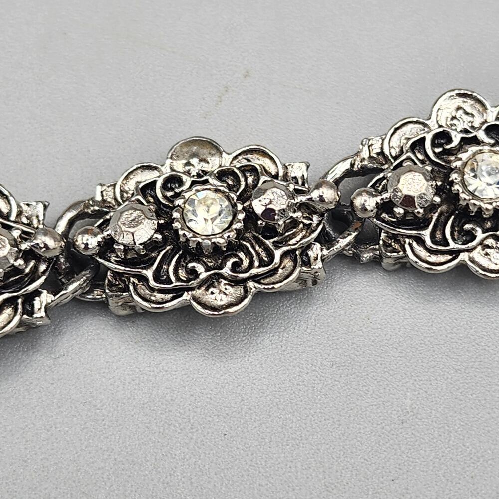 Vintage Silver Tone Floral Link Bracelet Clear Bead Chunky Jewel Art To Wear - Picture 5 of 10